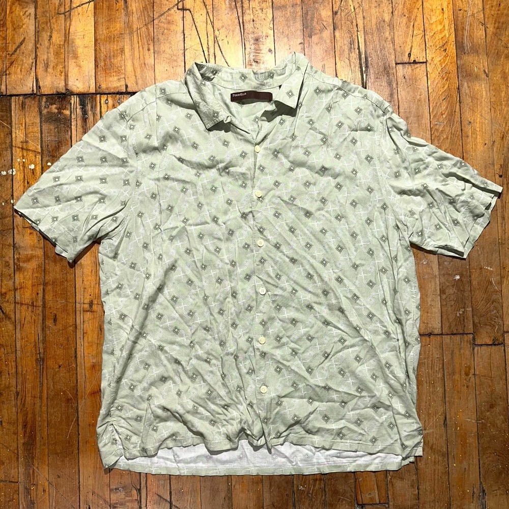 Perry Ellis Shirt Mens XL Green Sage Geometric Short Sleeve Button Front Outdoor
